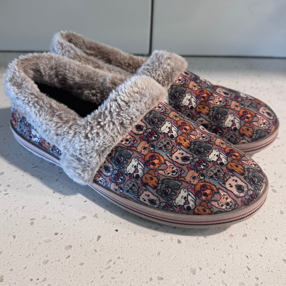 Skechers BOBS for Dogs Women 10 Too Cozy Family Dog Print Faux Fur‎ Slippers